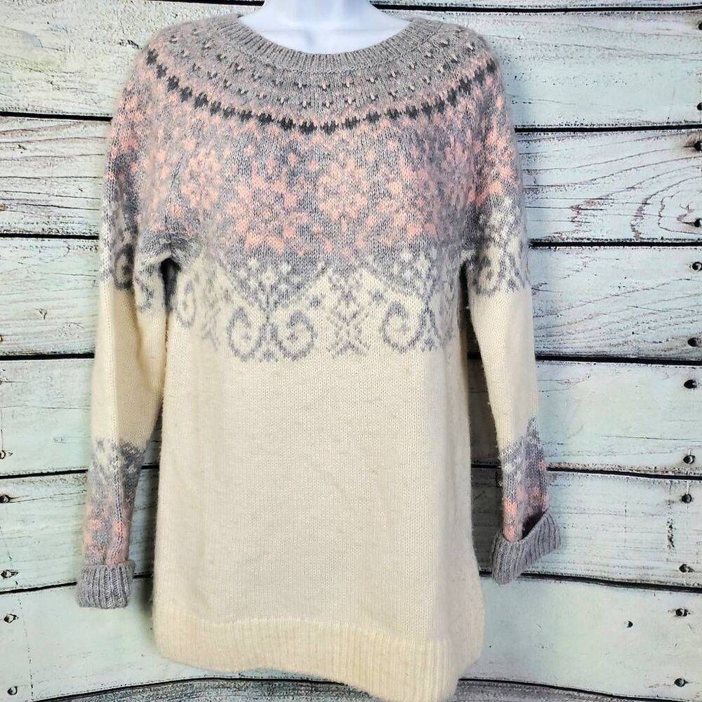 H&M L.O.G.G Fair Isle Knit Sweater XS Cream Gray Pink Wool Blend Pullover